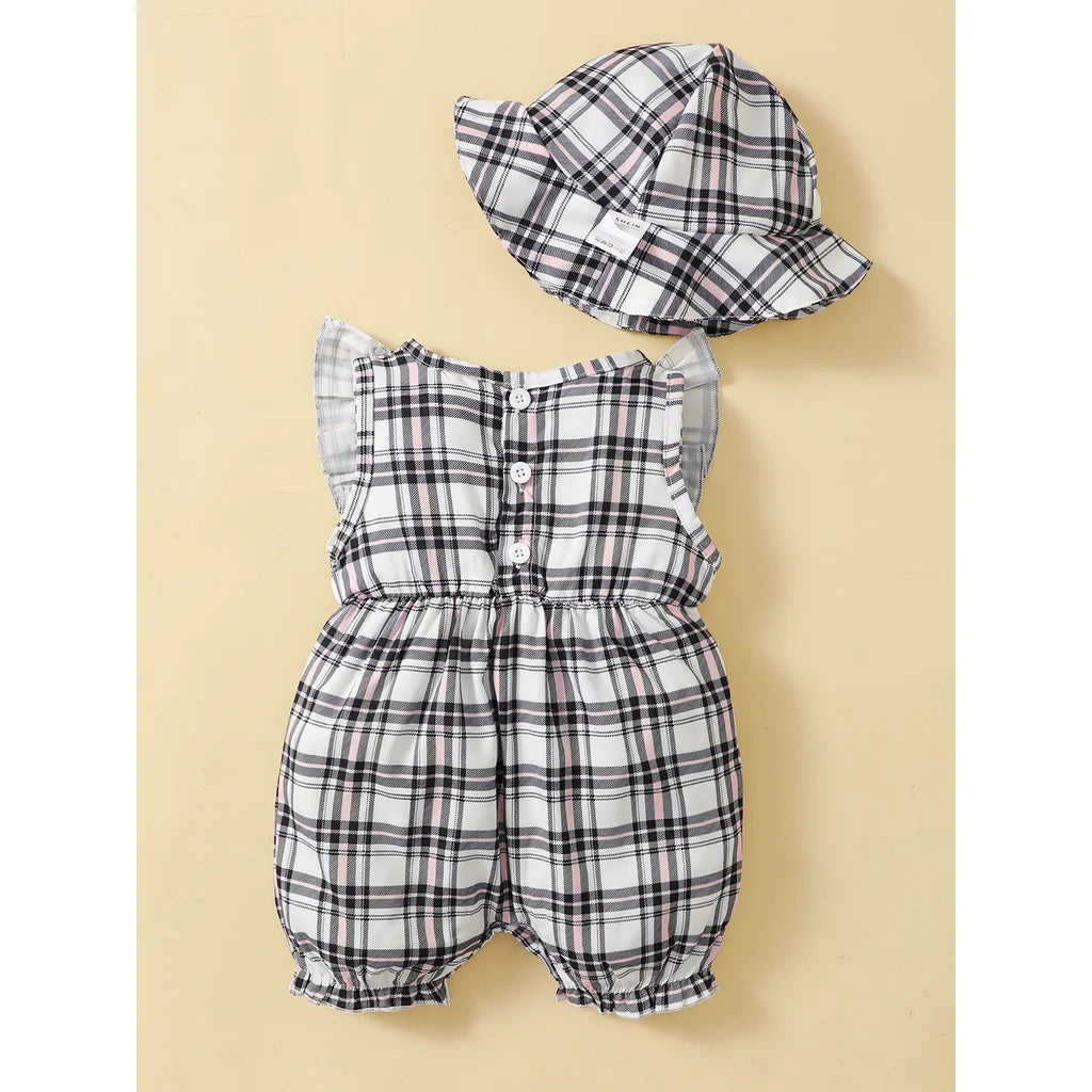0-18 Months Plaid Design Summer Romper+Hat 2Pcs Suit Fashion