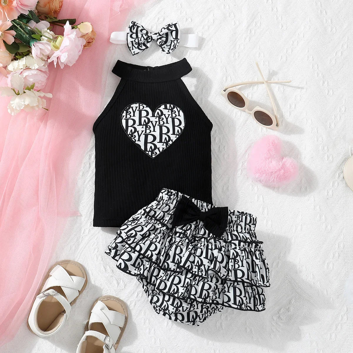 Newborn Summer Cute Casual Lmitation Brand Printed Neck Strap Sleeveless Top And Double Lace Bow Triangle Pants Set