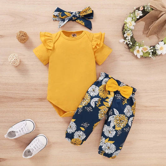 Set Short Sleeve Bodysuit+Floral Pants with Bow+Headband 3PCS Outfits for 0-18 Months