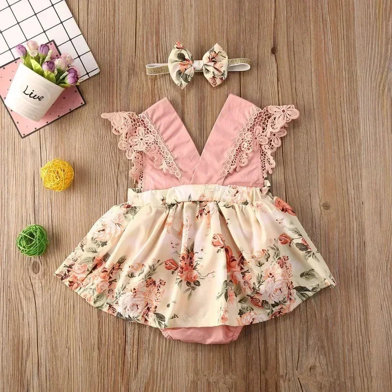 0-18Months Jumpsuit Summer Flying Floral Sleeve Romper Dress with Headband