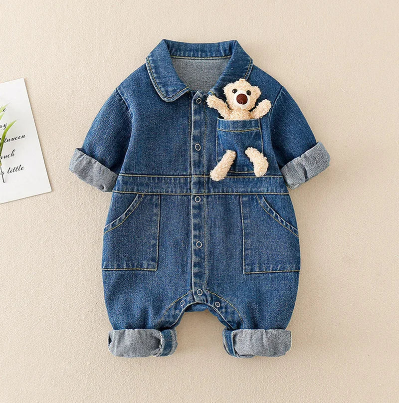 Spring Denim Baby Jumpsuit Cartoon Pocket Bear Romper for Boys Girls Newborn Overalls Korean Style Onesie Autumn Kids Clothing