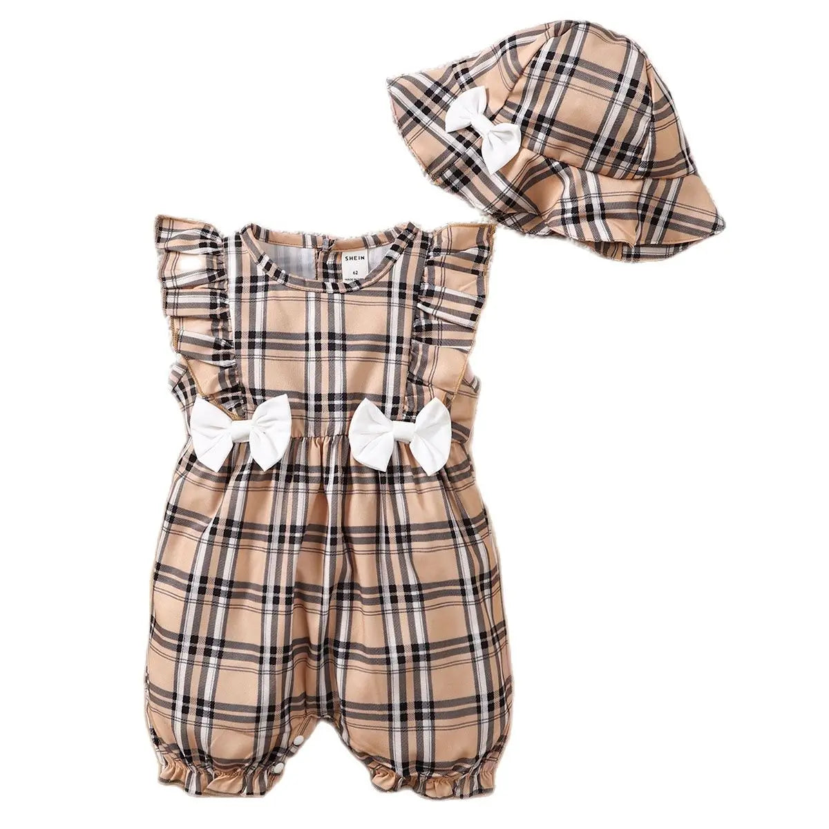 0-18 Months Plaid Design Summer Romper+Hat 2Pcs Suit Fashion