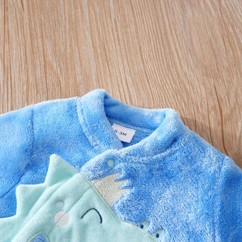 Newborn baby jumpsuit Autumn and Winter Flannel Blue Dinosaur Embroidered Legged Foot hugging baby clothes Unisex 0-18 months