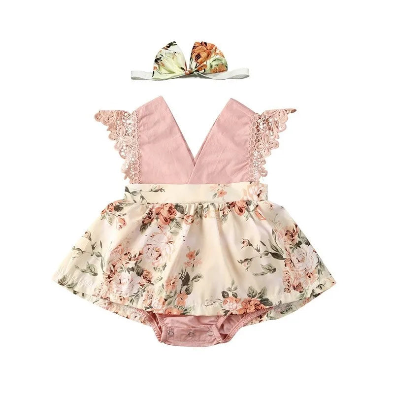 0-18Months Jumpsuit Summer Flying Floral Sleeve Romper Dress with Headband
