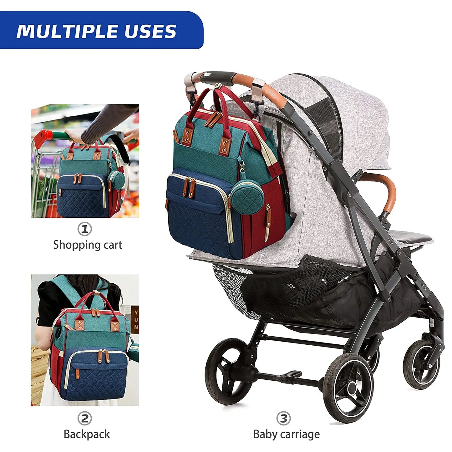 3 In 1 Diaper Bag Backpack Foldable Baby Bed Waterproof Travel Bag with USB Charge Diaper Bag Backpack with Changing Bed