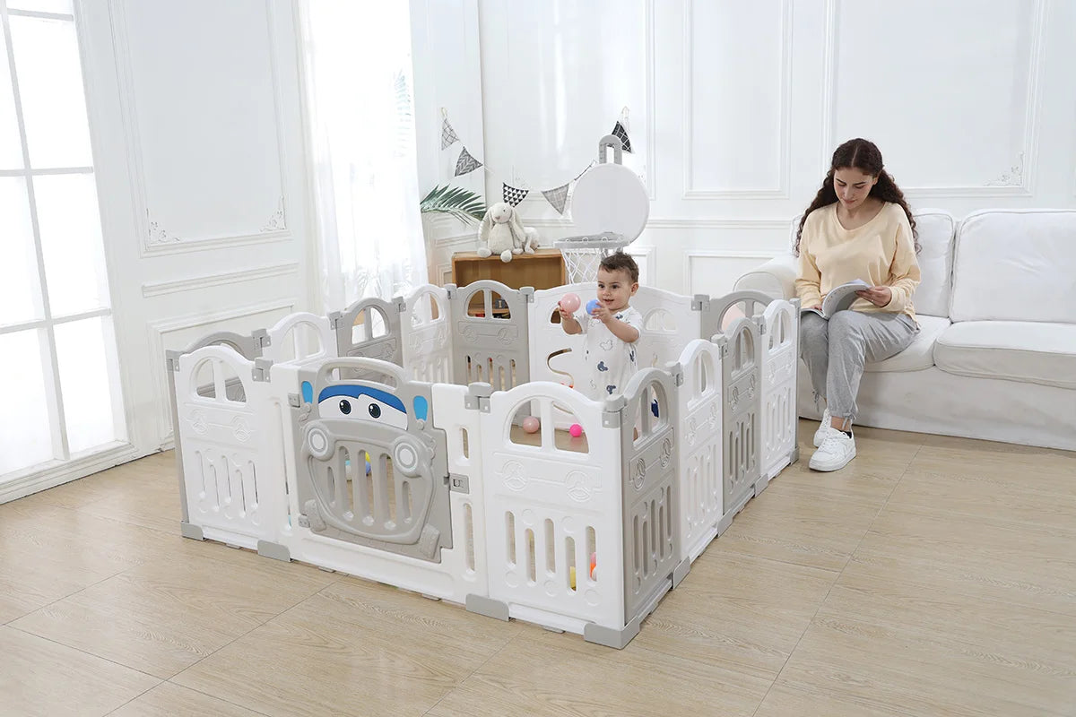 Foldable Baby Playpen with Basketball Hoop & 50Pcs Coloured Pit Balls