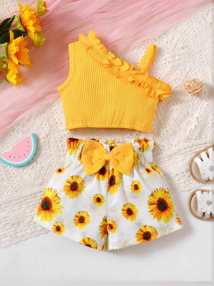New Newborn Girl Baby Summer Sling Sleeveless Cotton Casual Daily Big Bow Print Baby Clothing Set