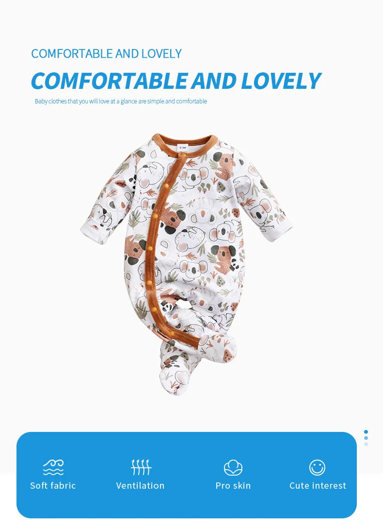 Infant's koala Print 0-18 months Bodysuit Autumn/winter plush and heavy Comfy Long Sleeve Onesie, Baby Boy's Clothing, As Gift