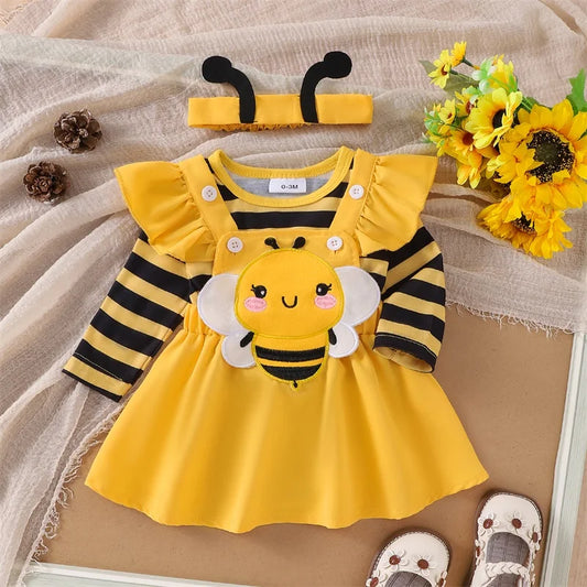 Autumn Skirt  Sets Flying Sleeve Romper Bee/Beetle Embroidery