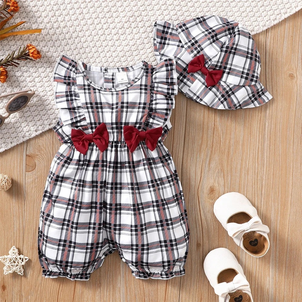 0-18 Months Plaid Design Summer Romper+Hat 2Pcs Suit Fashion