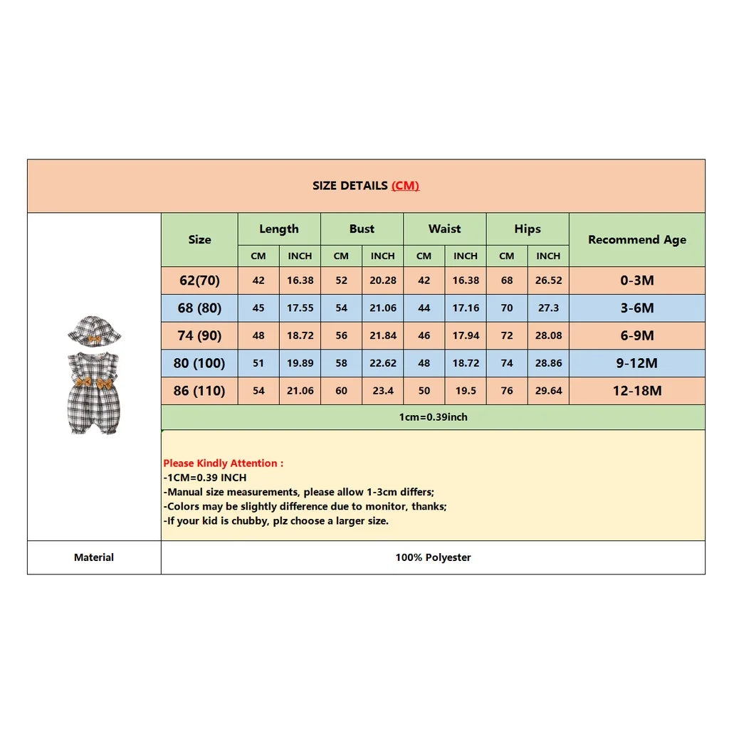 0-18 Months Plaid Design Summer Romper+Hat 2Pcs Suit Fashion