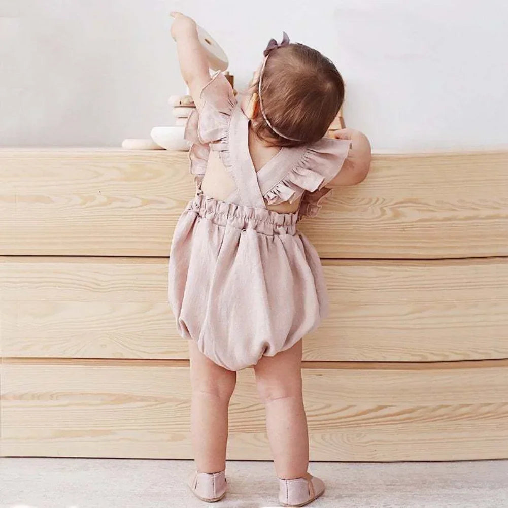 Summer Baby Girls Rompers Ruffles Romper Cotton Linen Fabric Sleeveless Strap Newborn Infant Romper Clothes