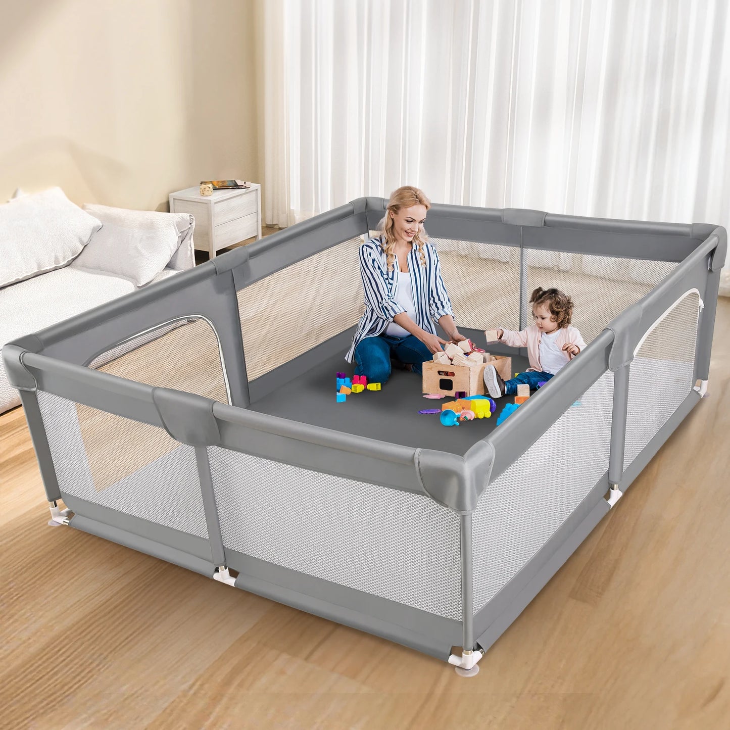 180X200cm Baby Playpen for Baby and Toddlers Kid’s Fence with Anti-Collision Foam and Breathable Mesh 50 Ocean Balls 4 Pull Ring