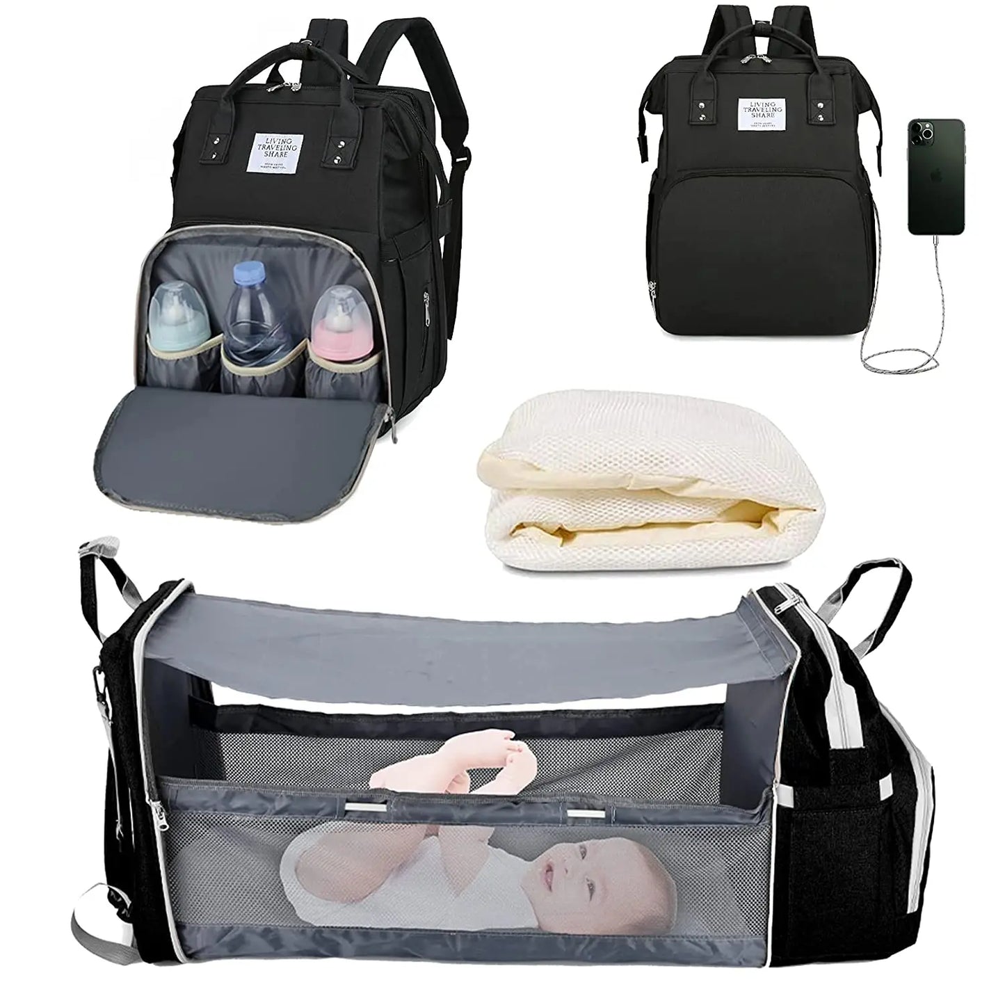 3 In 1 Diaper Bag Backpack Foldable Baby Bed Waterproof Travel Bag with USB Charge Diaper Bag Backpack with Changing Bed