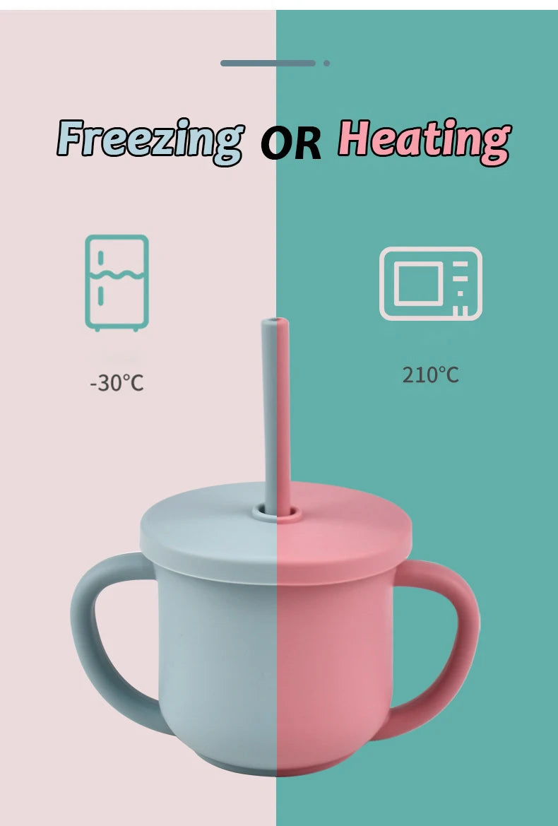 Baby Silicone Double Handle Straw Cup Anti-Scalding&Anti-Fall