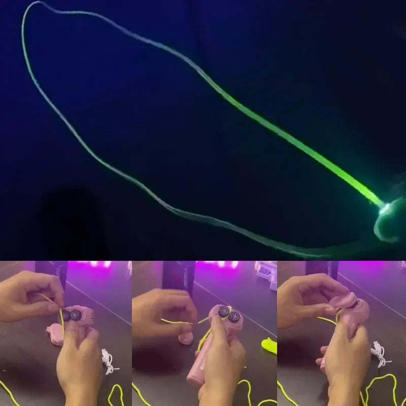 Collage of a glowing green string and hands tying a knot with a dark background.