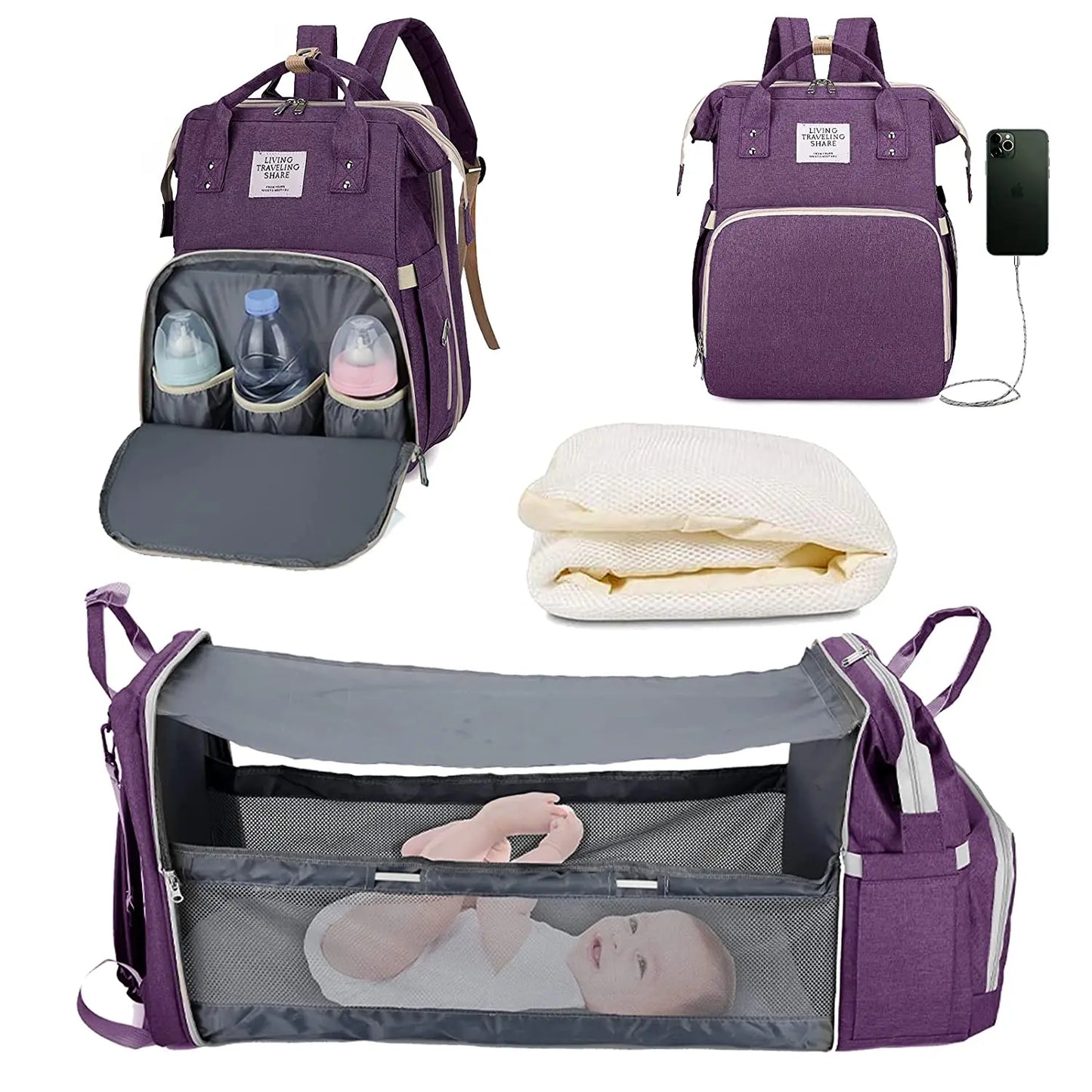 3 In 1 Diaper Bag Backpack Foldable Baby Bed Waterproof Travel Bag with USB Charge Diaper Bag Backpack with Changing Bed