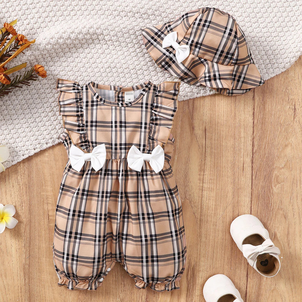 0-18 Months Plaid Design Summer Romper+Hat 2Pcs Suit Fashion