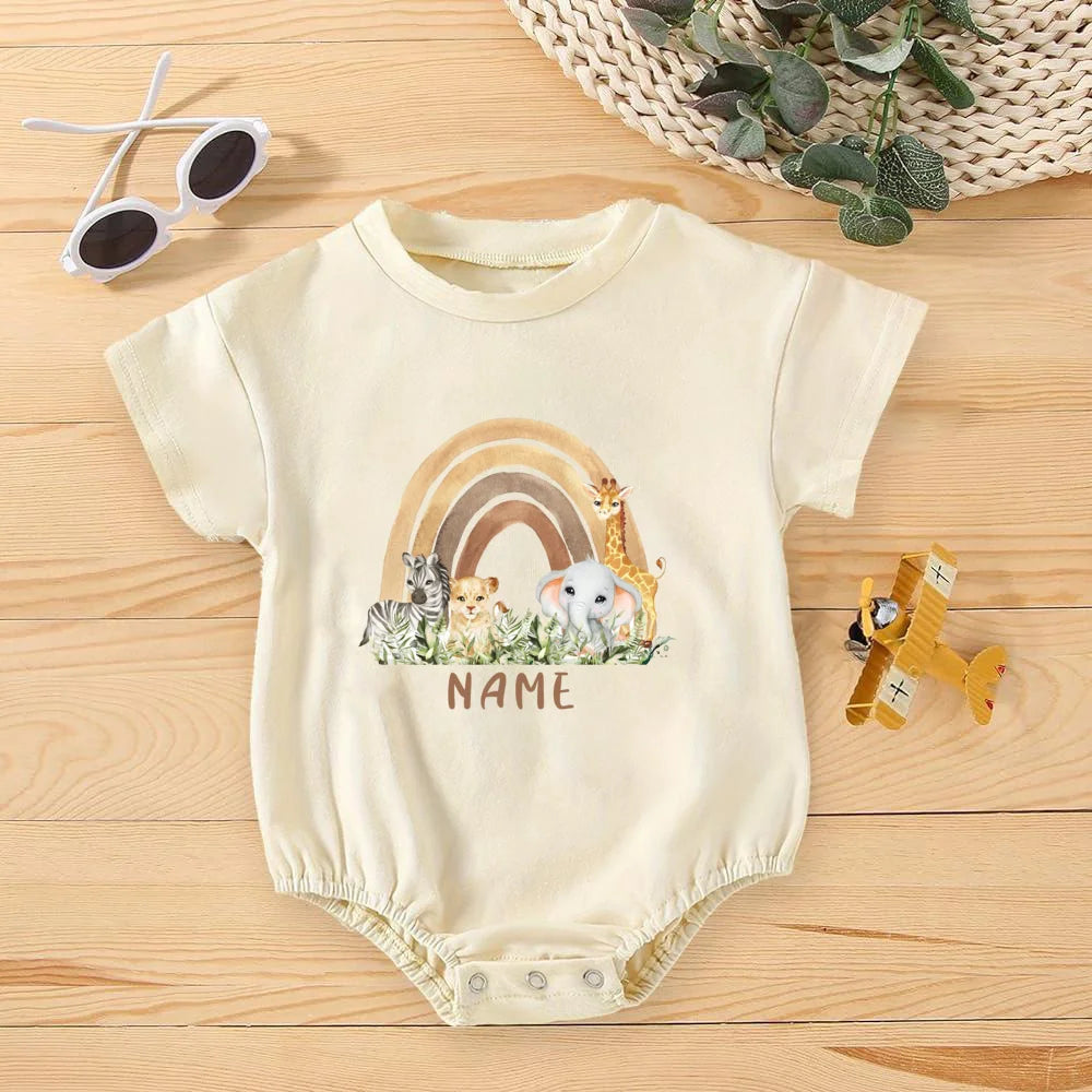 Personalised Rainbow with Name Bubble Romper Infant Jungle Birthday Party Clothes Baby Oversized Bodysuit Cute Wild One Jumpsuit