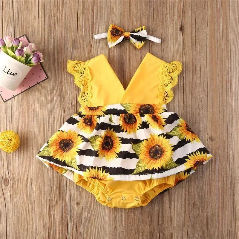 0-18Months Jumpsuit Summer Flying Floral Sleeve Romper Dress with Headband