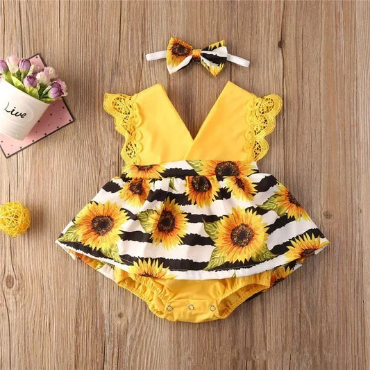 0-18Months Jumpsuit Summer Flying Floral Sleeve Romper Dress with Headband