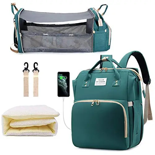 3 In 1 Diaper Bag Backpack Foldable Baby Bed Waterproof Travel Bag with USB Charge Diaper Bag Backpack with Changing Bed