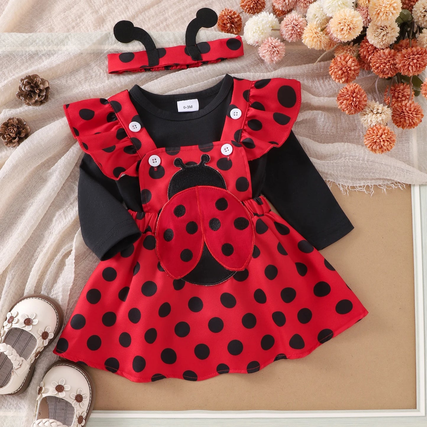 Autumn Skirt  Sets Flying Sleeve Romper Bee/Beetle Embroidery