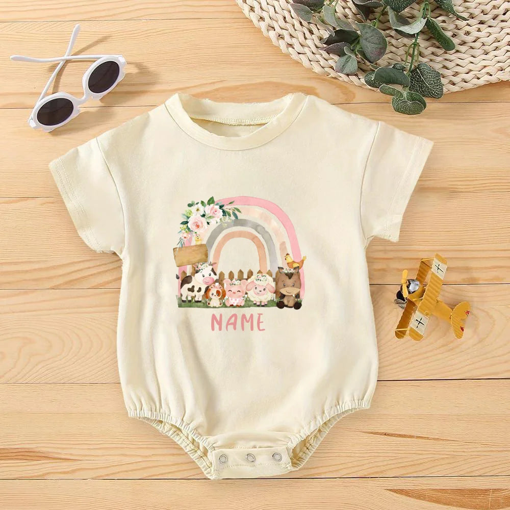 Personalised Rainbow with Name Bubble Romper Infant Jungle Birthday Party Clothes Baby Oversized Bodysuit Cute Wild One Jumpsuit