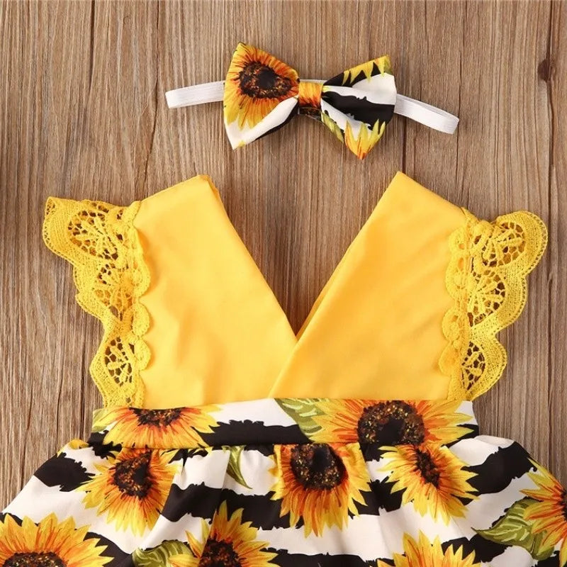0-18Months Jumpsuit Summer Flying Floral Sleeve Romper Dress with Headband