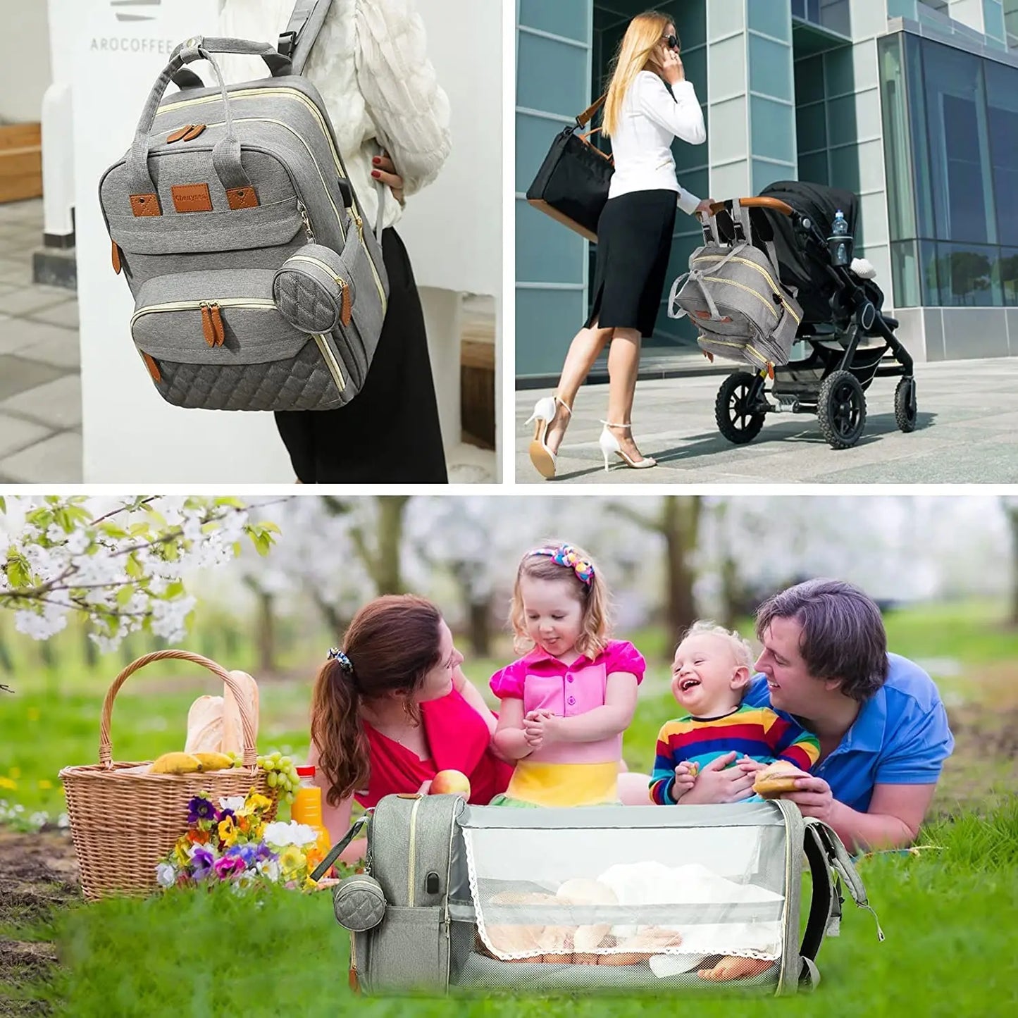 3 In 1 Diaper Bag Backpack Foldable Baby Bed Waterproof Travel Bag with USB Charge Diaper Bag Backpack with Changing Bed