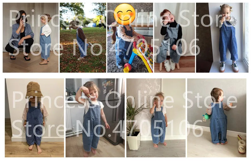 2024 Autumn New Children Loose Overalls boys girls casual all-match denim Trousers Spring Fall Solid Outwear 1-7Y Kids bib pants