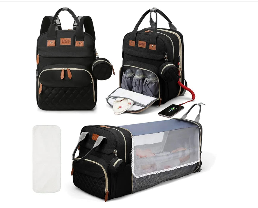 3 In 1 Diaper Bag Backpack Foldable Baby Bed Waterproof Travel Bag with USB Charge Diaper Bag Backpack with Changing Bed