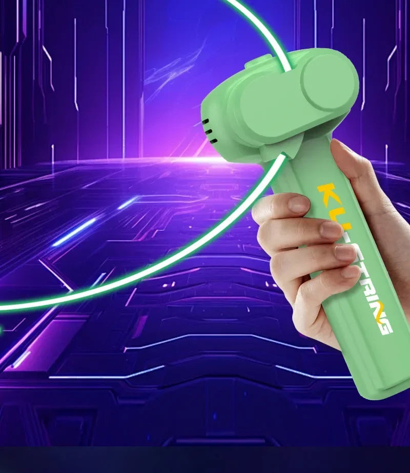 Green handheld device with a glowing white cord against a futuristic purple background