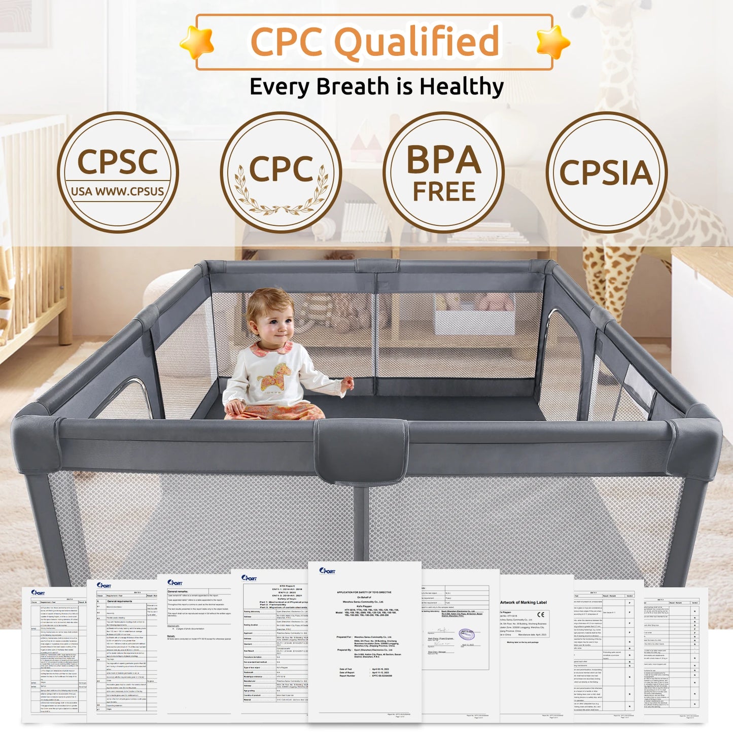 180X200cm Baby Playpen for Baby and Toddlers Kid’s Fence with Anti-Collision Foam and Breathable Mesh 50 Ocean Balls 4 Pull Ring