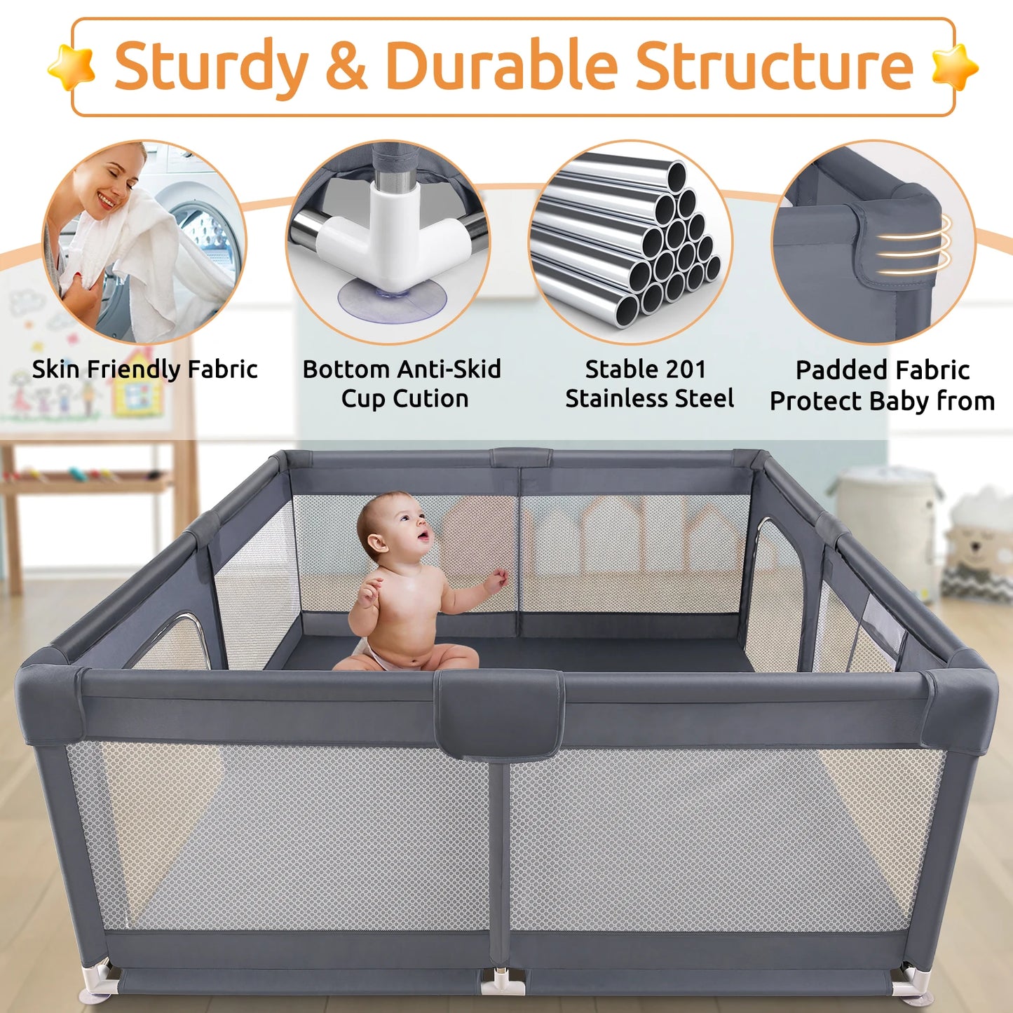 180X200cm Baby Playpen for Baby and Toddlers Kid’s Fence with Anti-Collision Foam and Breathable Mesh 50 Ocean Balls 4 Pull Ring