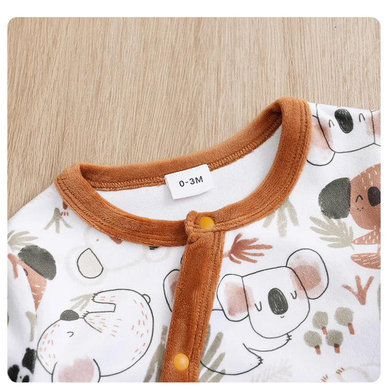 Infant's koala Print 0-18 months Bodysuit Autumn/winter plush and heavy Comfy Long Sleeve Onesie, Baby Boy's Clothing, As Gift