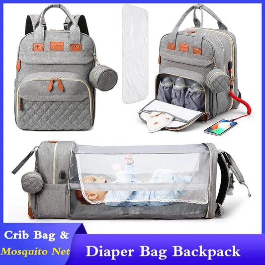 3 In 1 Diaper Bag Backpack Foldable Baby Bed Waterproof Travel Bag with USB Charge Diaper Bag Backpack with Changing Bed