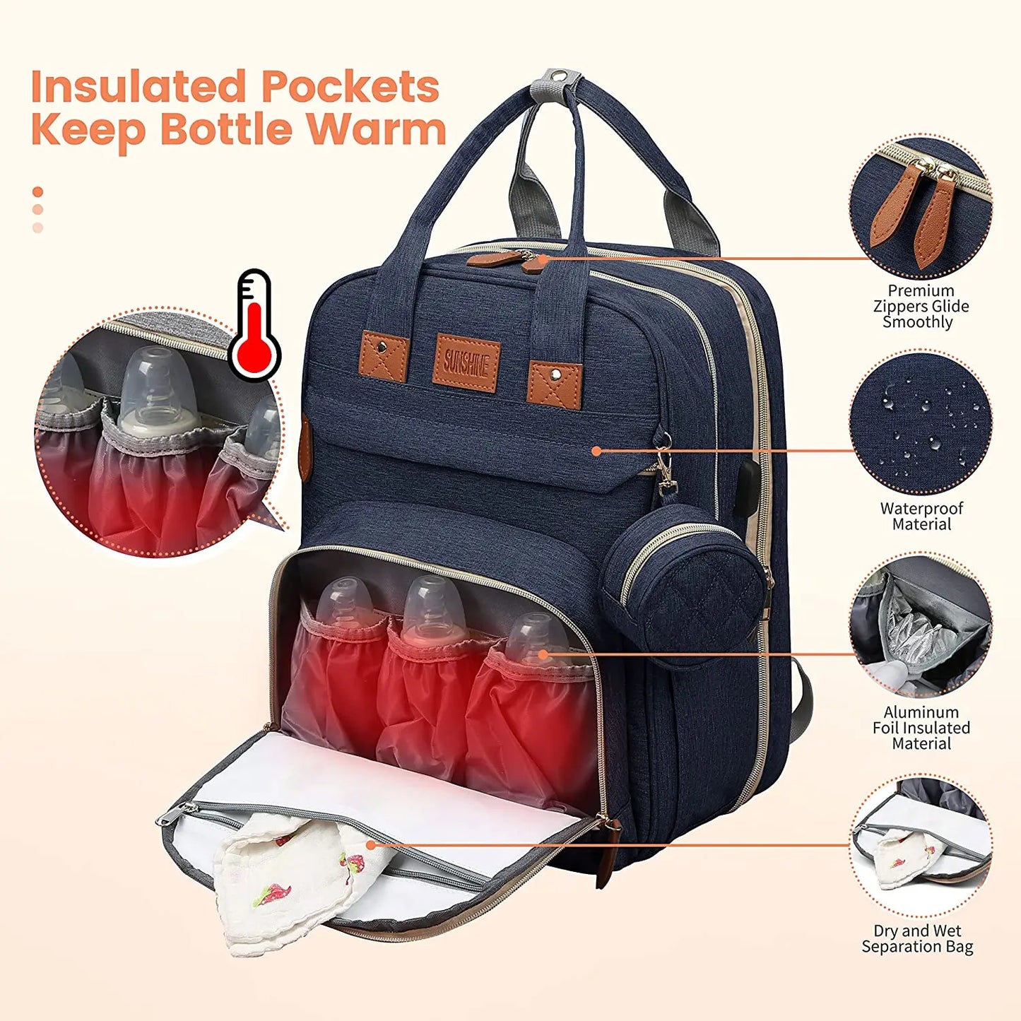 3 In 1 Diaper Bag Backpack Foldable Baby Bed Waterproof Travel Bag with USB Charge Diaper Bag Backpack with Changing Bed