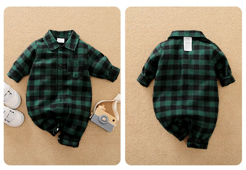 Newborn Baby Boy Clothes Green Plaid Boy Rompers Christmas Jumpsuit One piece Gentleman Suit New Year Costume For Babies