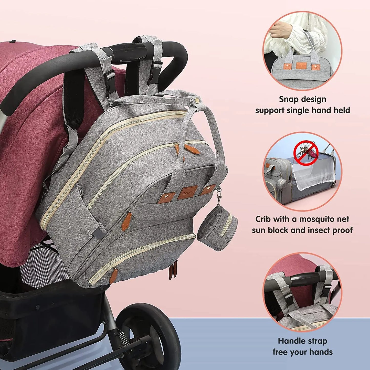 3 In 1 Diaper Bag Backpack Foldable Baby Bed Waterproof Travel Bag with USB Charge Diaper Bag Backpack with Changing Bed