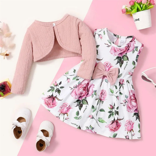 Set Pink Long Sleeves Coat+Flower Dress