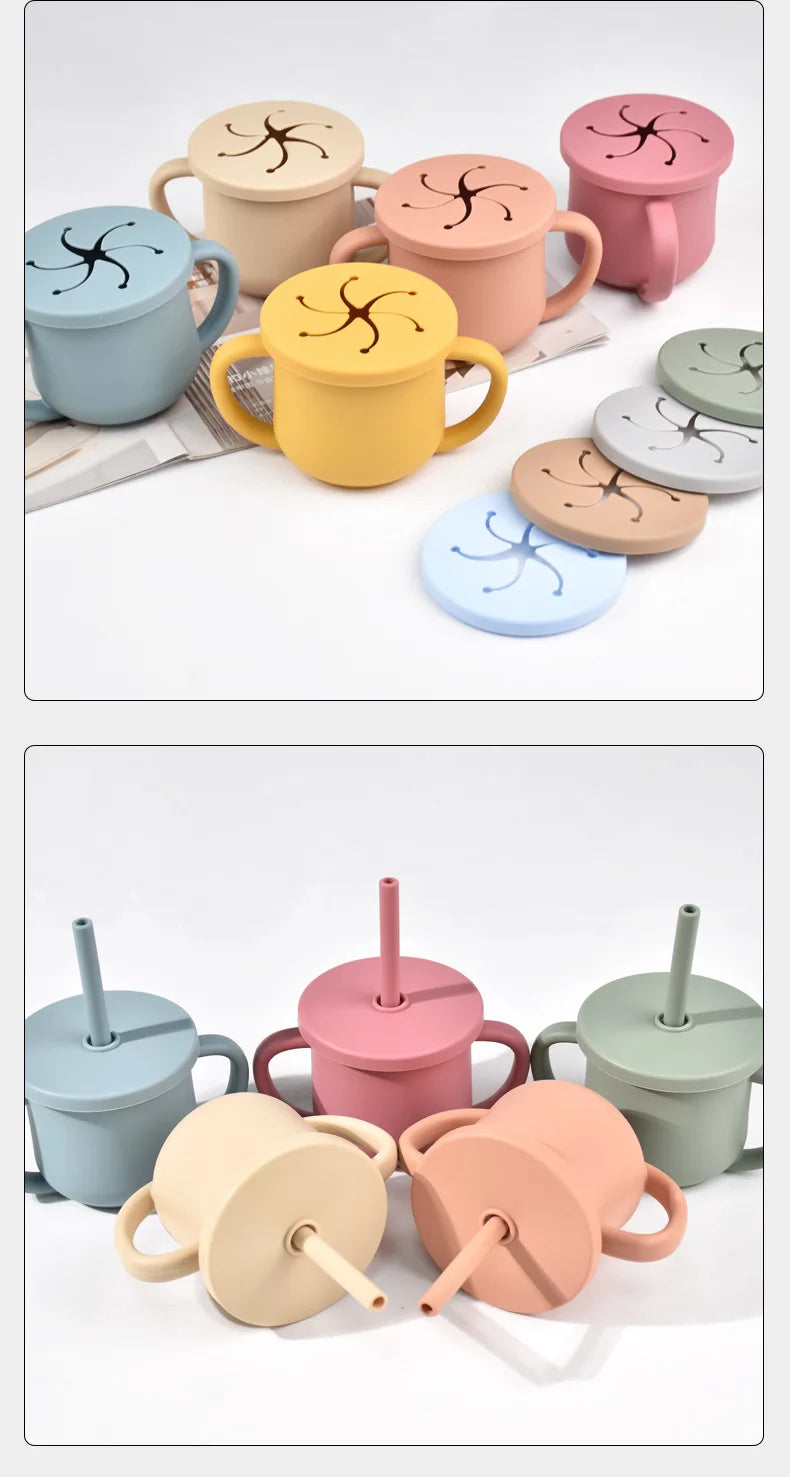 Baby Silicone Double Handle Straw Cup Anti-Scalding&Anti-Fall