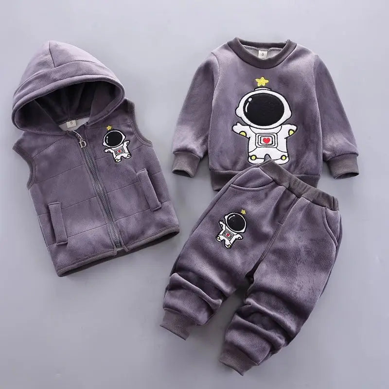 Autumn Winter Baby Boys Clothes Sets Thick Fleece Cartoon Bear Jacket Vest Pants 3Pcs Cotton Sport Suit For Girls Warm Outfits