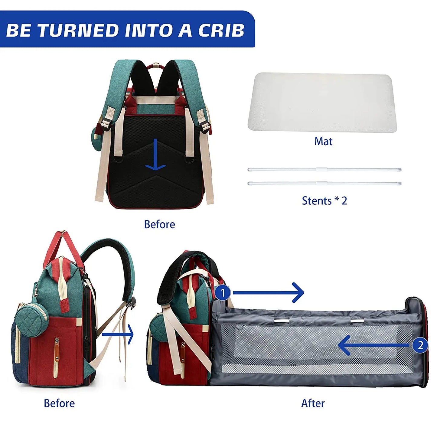 3 In 1 Diaper Bag Backpack Foldable Baby Bed Waterproof Travel Bag with USB Charge Diaper Bag Backpack with Changing Bed