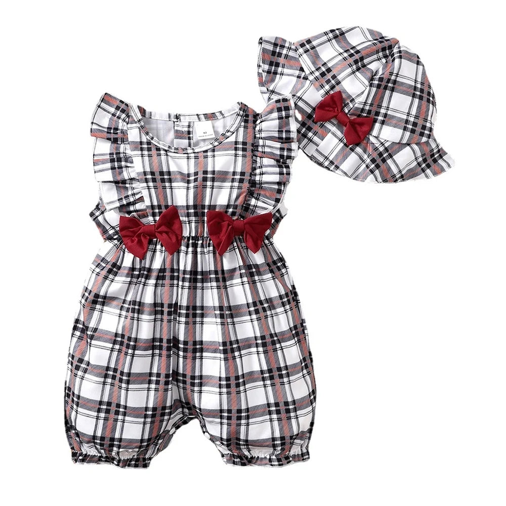 0-18 Months Plaid Design Summer Romper+Hat 2Pcs Suit Fashion