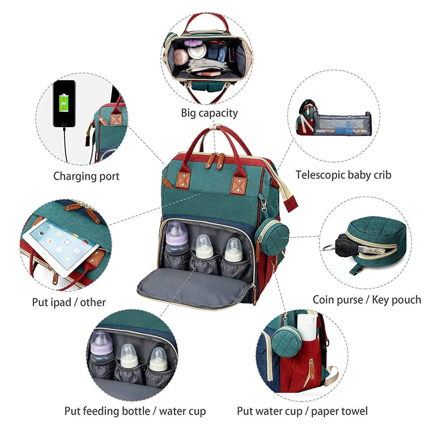 3 In 1 Diaper Bag Backpack Foldable Baby Bed Waterproof Travel Bag with USB Charge Diaper Bag Backpack with Changing Bed