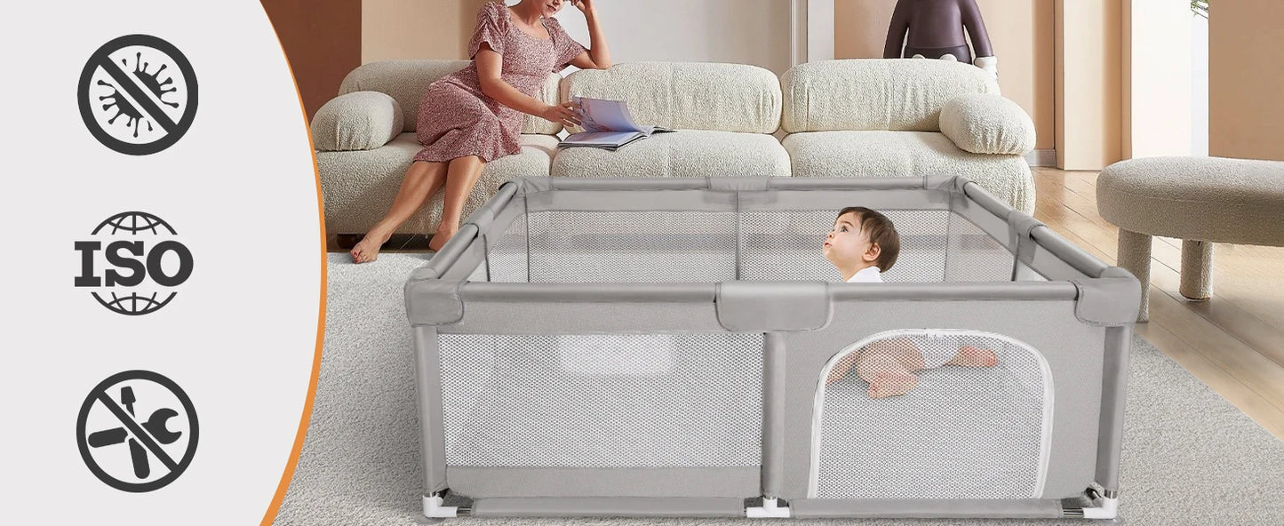 180X200cm Baby Playpen for Baby and Toddlers Kid’s Fence with Anti-Collision Foam and Breathable Mesh 50 Ocean Balls 4 Pull Ring