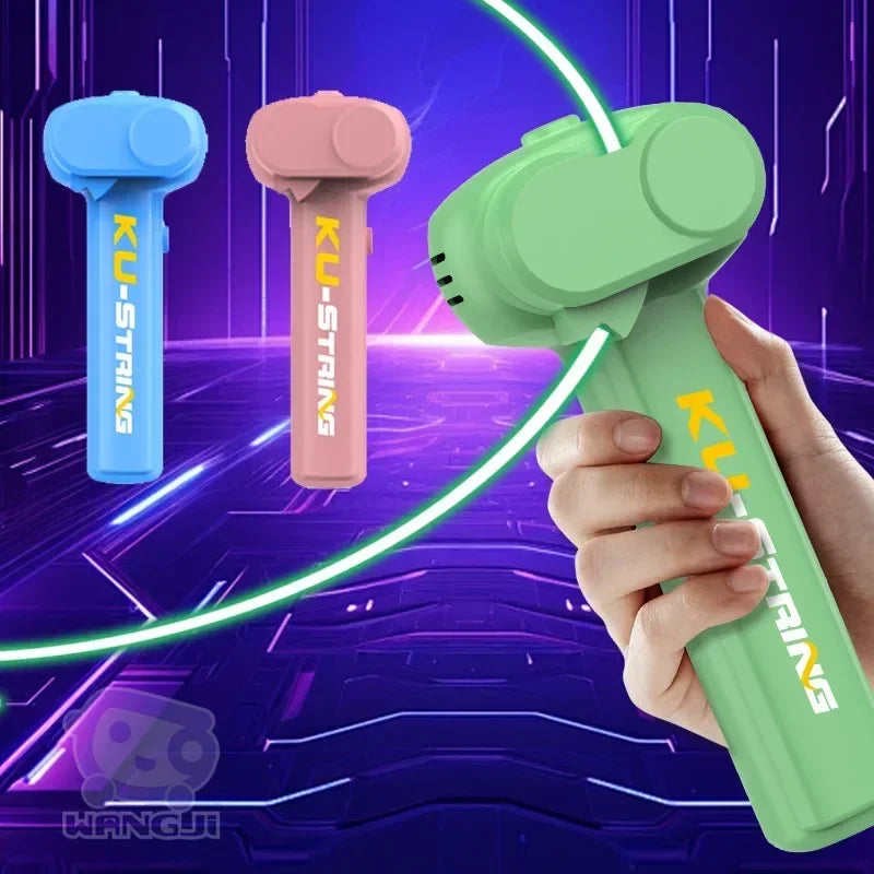 Green handheld device with 'KU-STRING' branding on a futuristic purple background