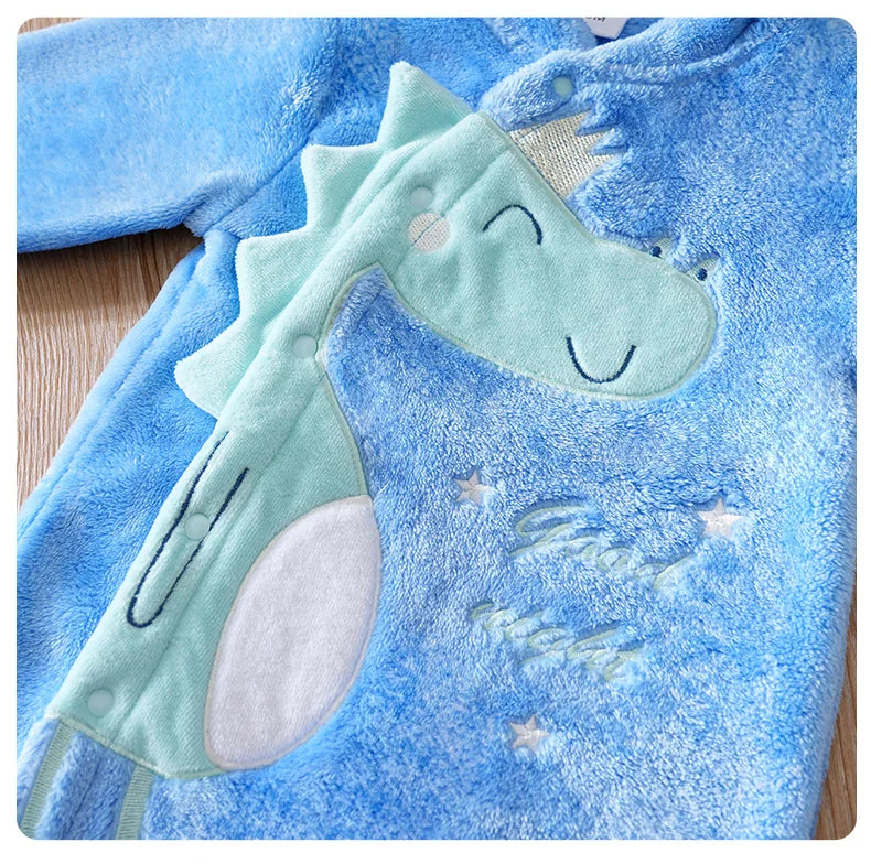 Newborn baby jumpsuit Autumn and Winter Flannel Blue Dinosaur Embroidered Legged Foot hugging baby clothes Unisex 0-18 months