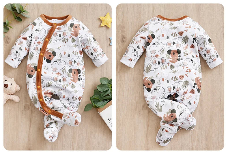 Infant's koala Print 0-18 months Bodysuit Autumn/winter plush and heavy Comfy Long Sleeve Onesie, Baby Boy's Clothing, As Gift